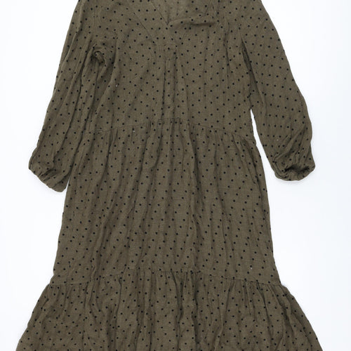 Zara Womens Green Polka Dot Polyester Shift Size S V-Neck Pullover