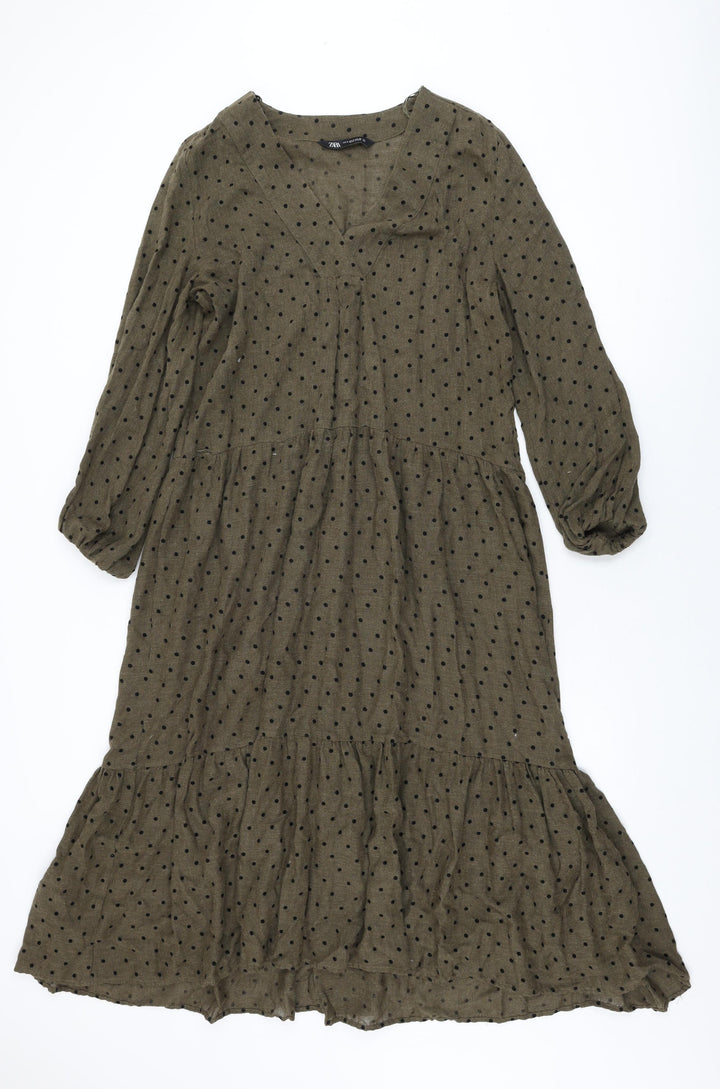 Zara Womens Green Polka Dot Polyester Shift Size S V-Neck Pullover