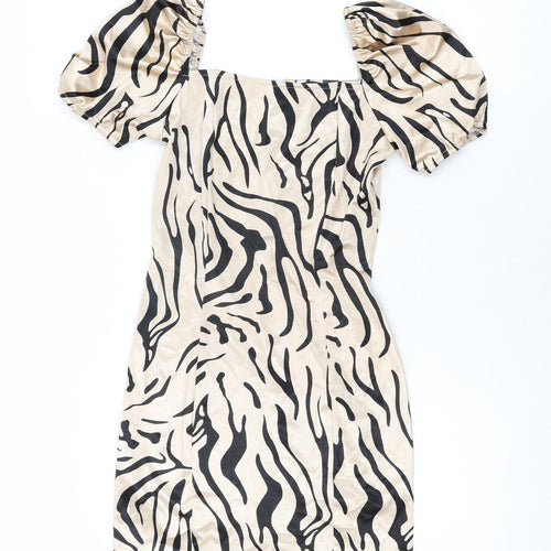 Quiz Womens Beige Animal Print Polyester Bodycon Size 10 Square Neck Zip