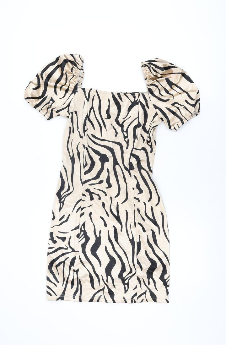 Quiz Womens Beige Animal Print Polyester Bodycon Size 10 Square Neck Zip