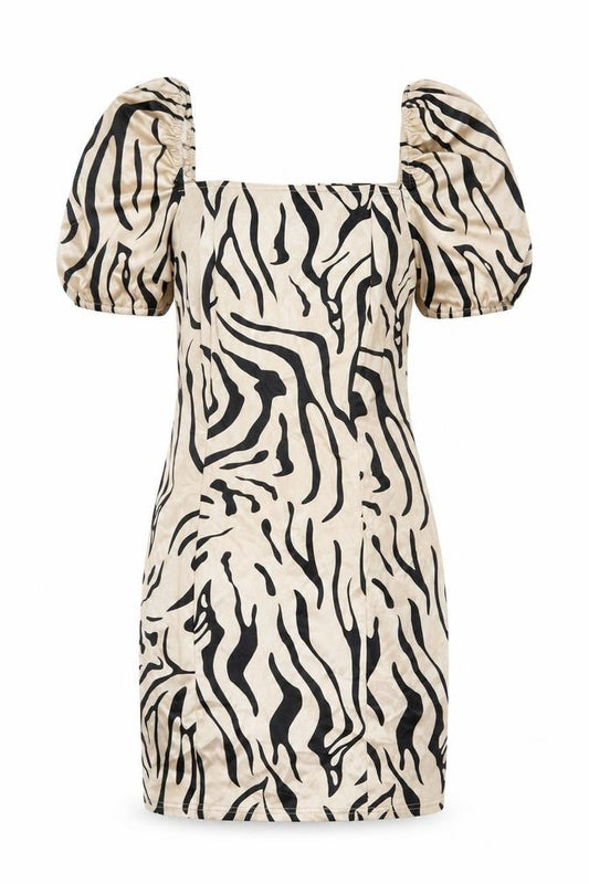 Front view of Quiz women’s beige animal print polyester bodycon, size UK 10, square neck zip