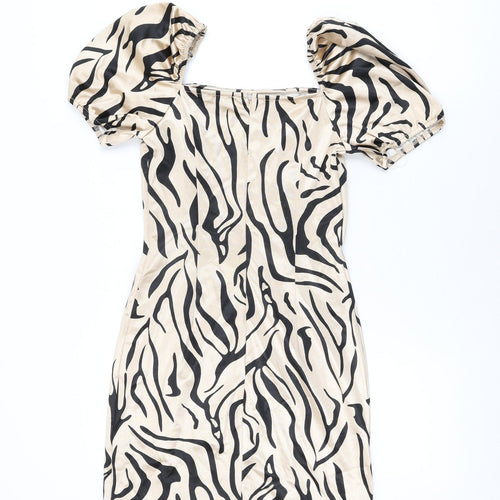 Quiz Womens Beige Animal Print Polyester Bodycon Size 10 Square Neck Zip