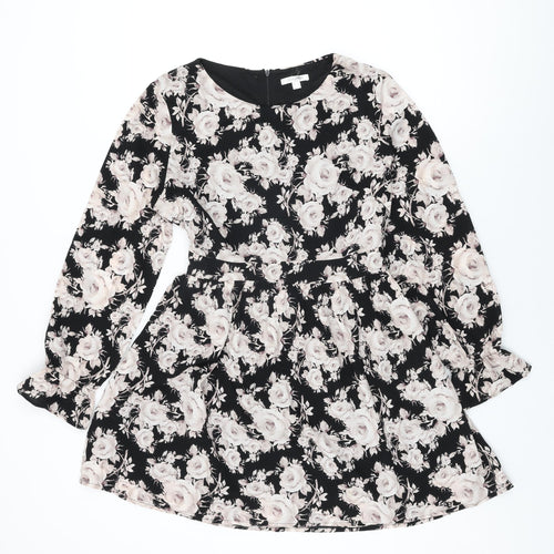 Goldkid Womens Black Floral Polyester Skater Dress Size 12 Round Neck Zip