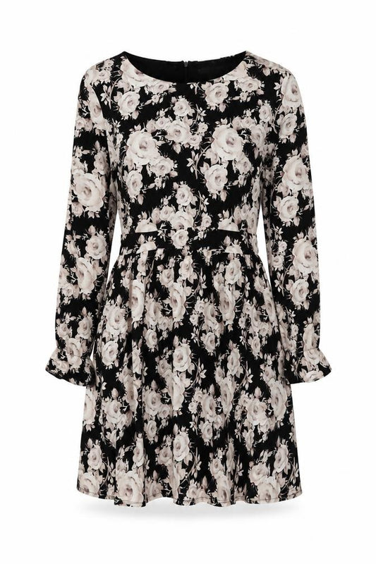 Front view of Goldkid women’s black floral polyester skater dress, size UK 12, round neck zip