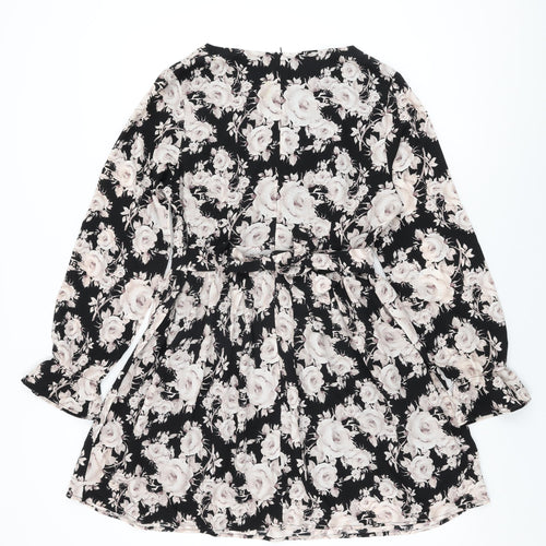 Goldkid Womens Black Floral Polyester Skater Dress Size 12 Round Neck Zip