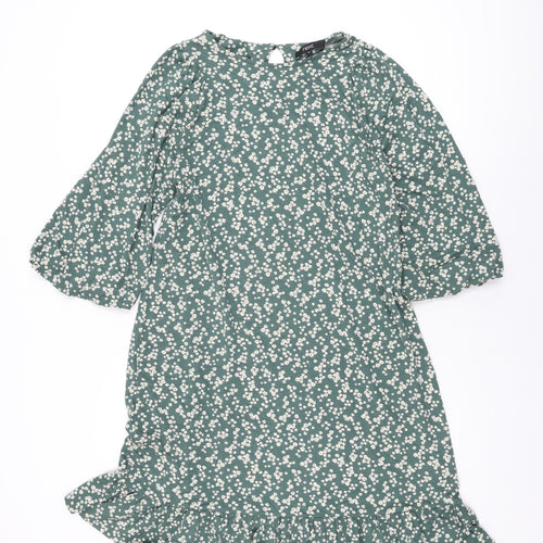 NEXT Womens Green Floral Viscose Shift Size 12 Round Neck Button