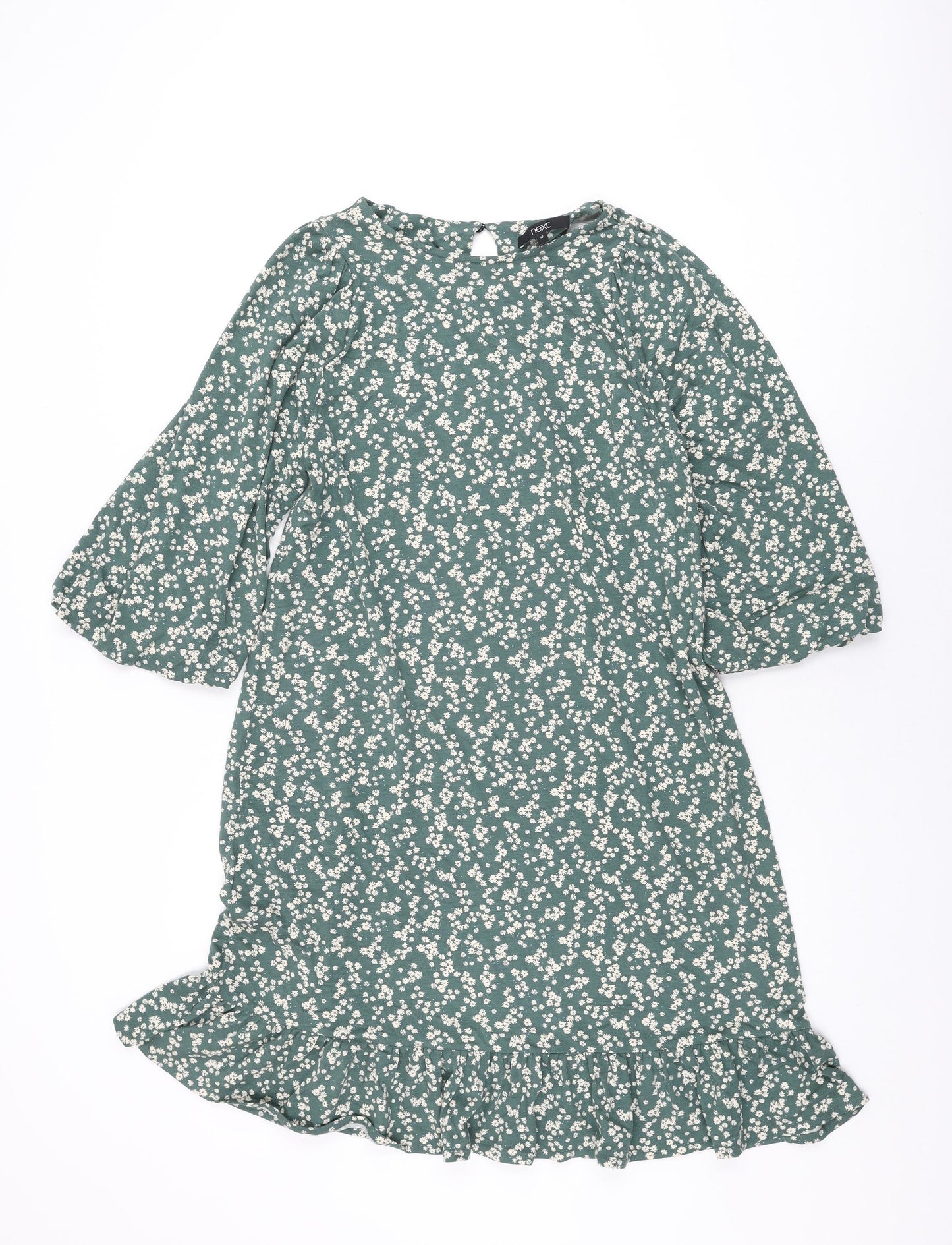 NEXT Womens Green Floral Viscose Shift Size 12 Round Neck Button
