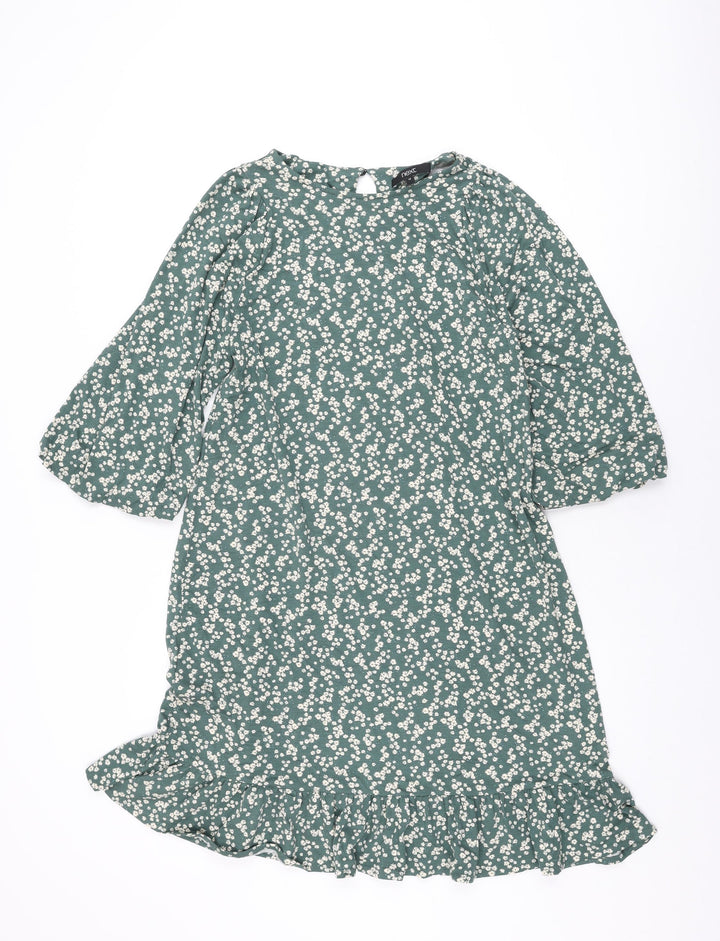 NEXT Womens Green Floral Viscose Shift Size 12 Round Neck Button