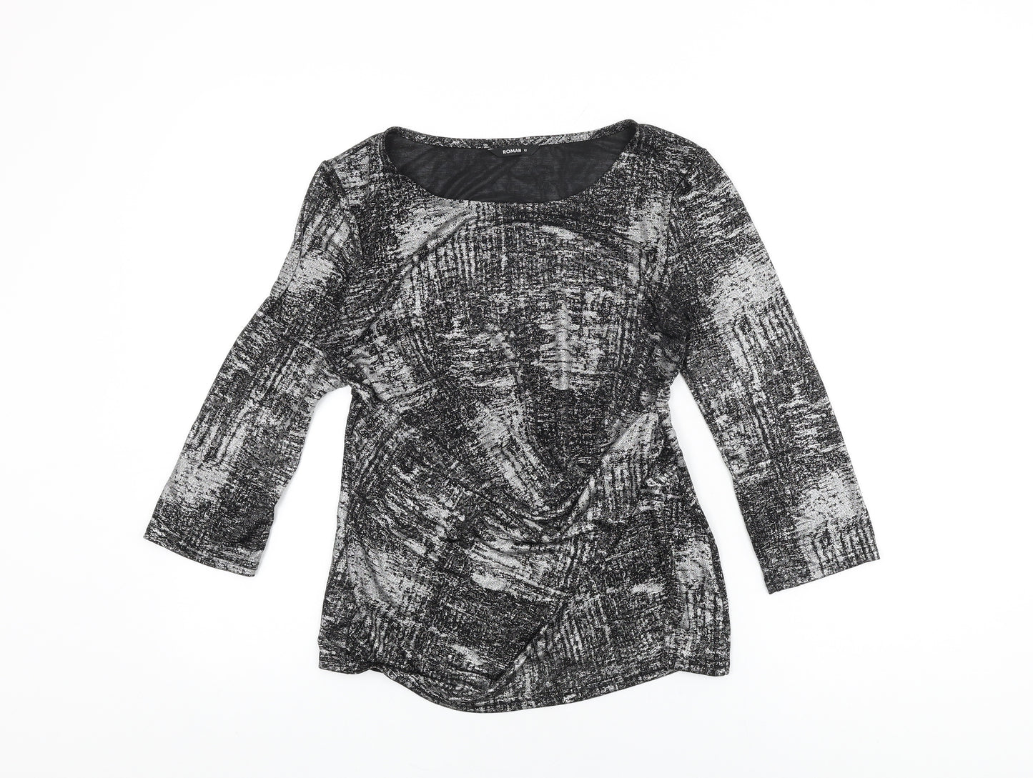 Roman Womens Black Geometric Polyester Basic T-Shirt Size 12 Round Neck