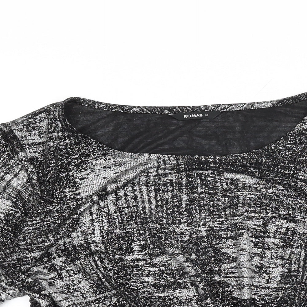 Roman Womens Black Geometric Polyester Basic T-Shirt Size 12 Round Neck