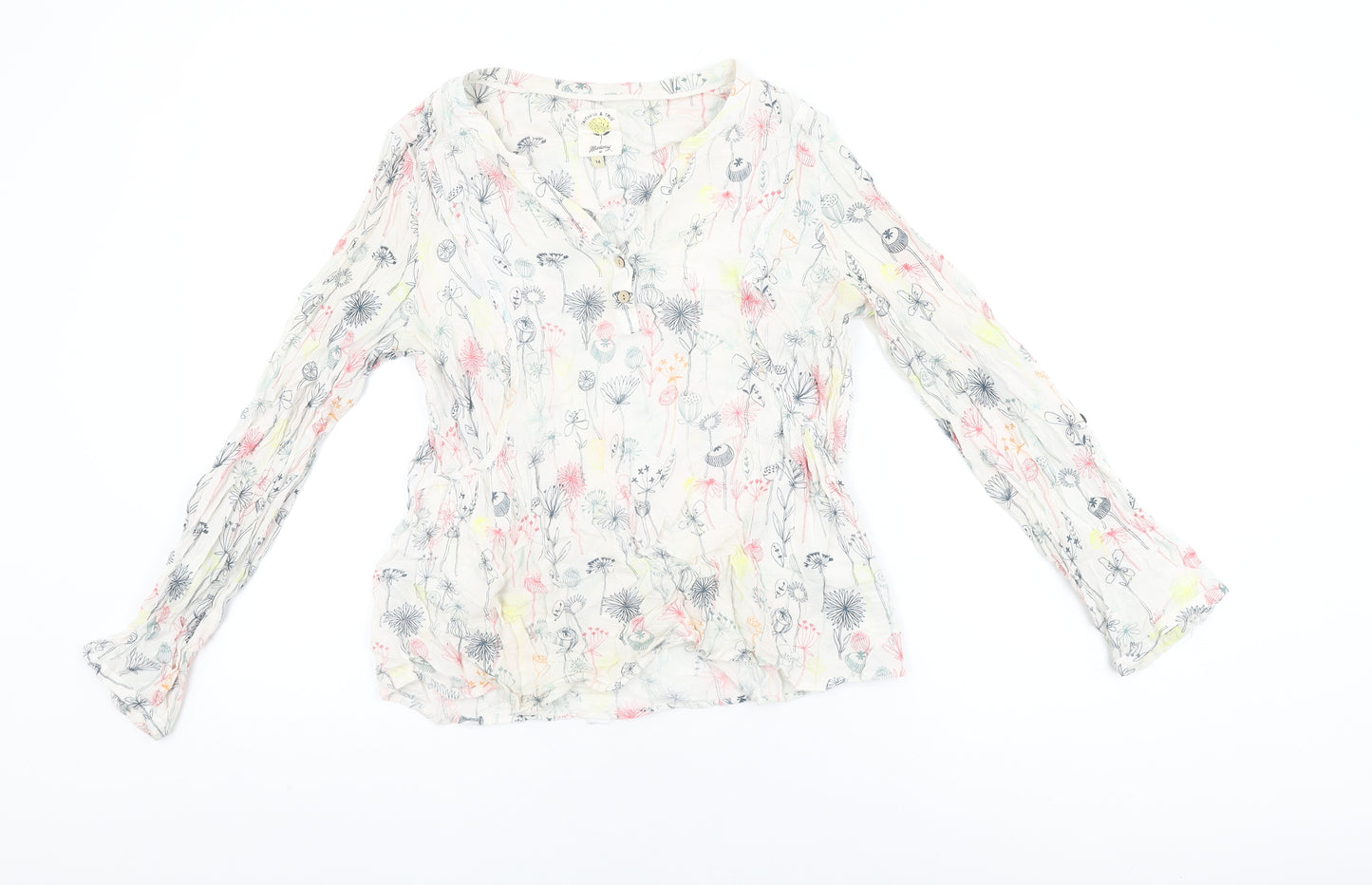 Mantaray Womens White Floral Viscose Basic T-Shirt Size 14 V-Neck