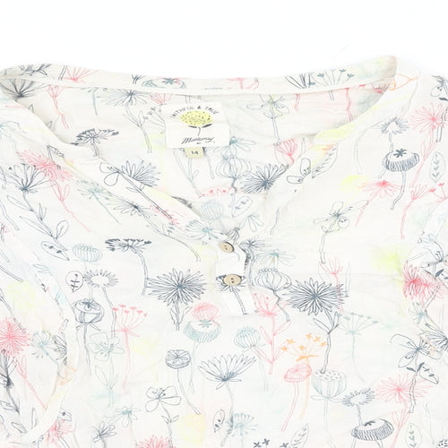Mantaray Womens White Floral Viscose Basic T-Shirt Size 14 V-Neck