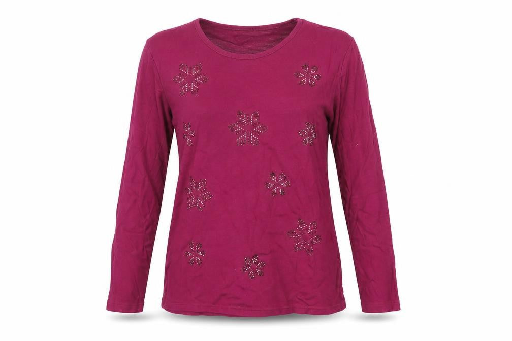 Front view of Isle women’s pink floral cotton basic t-shirt, size M, round neck