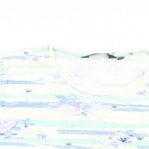 Isle Womens White Floral Cotton Basic T-Shirt Size 14 Round Neck