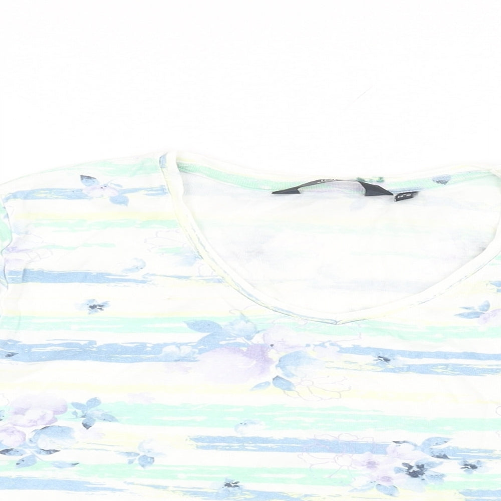Isle Womens White Floral Cotton Basic T-Shirt Size 14 Round Neck