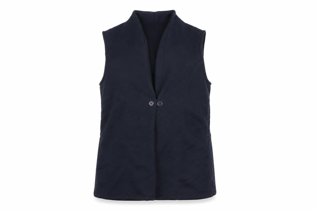 Front view of TIGI women’s blue gilet jacket, size UK 10, button