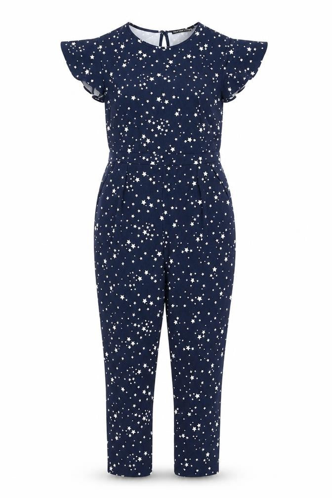 Front view of Definitions women’s blue geometric polyester jumpsuit one-piece, size UK 10, 25-inch leg zip