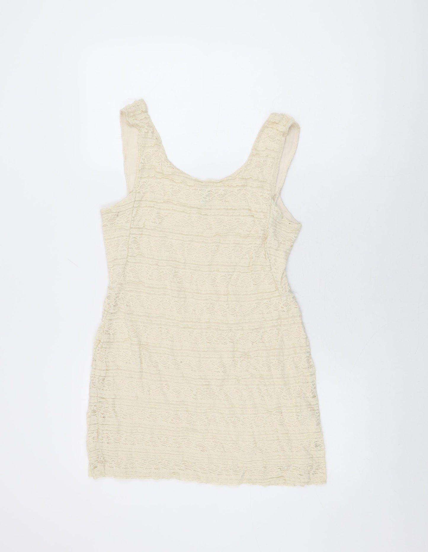 H&M Womens Ivory Geometric Polyamide Basic T-Shirt Size 14 Scoop Neck
