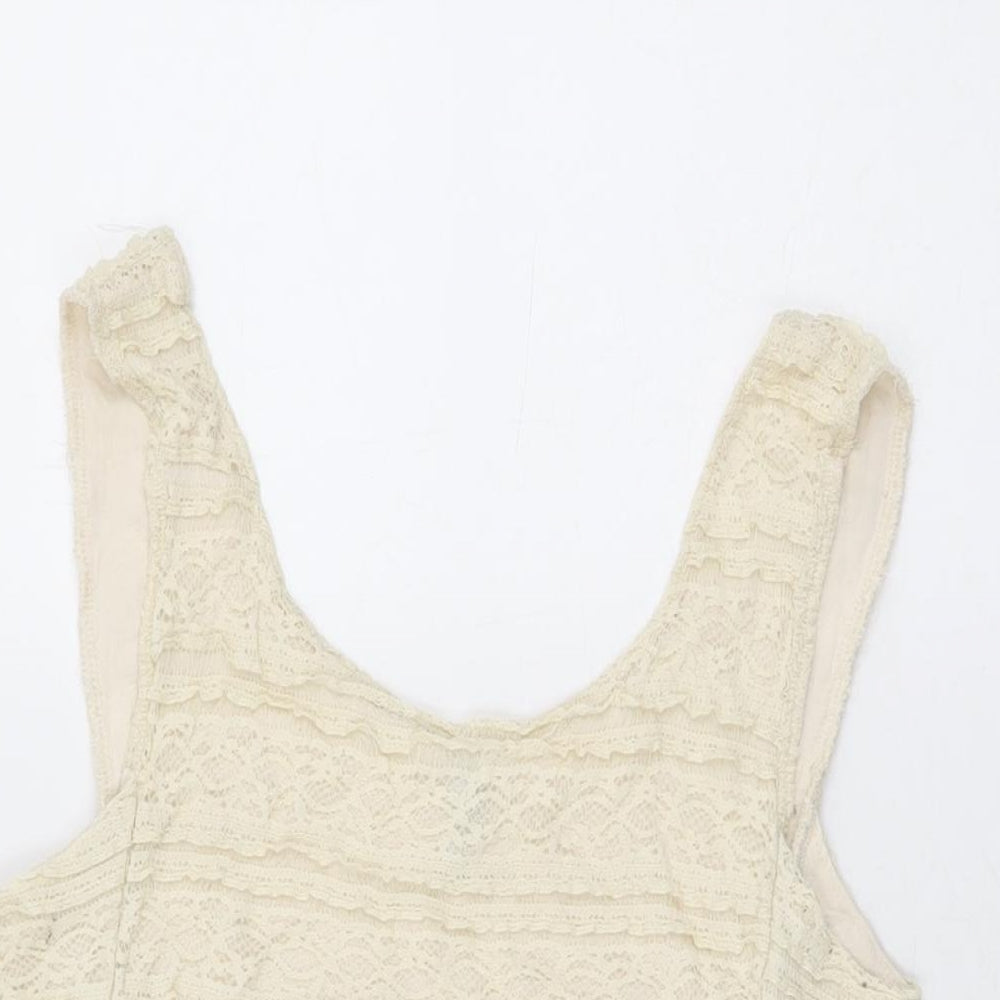 H&M Womens Ivory Geometric Polyamide Basic T-Shirt Size 14 Scoop Neck