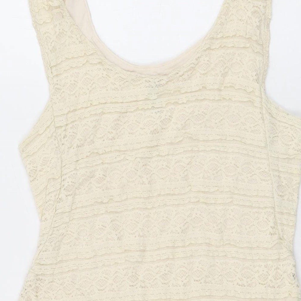 H&M Womens Ivory Geometric Polyamide Basic T-Shirt Size 14 Scoop Neck