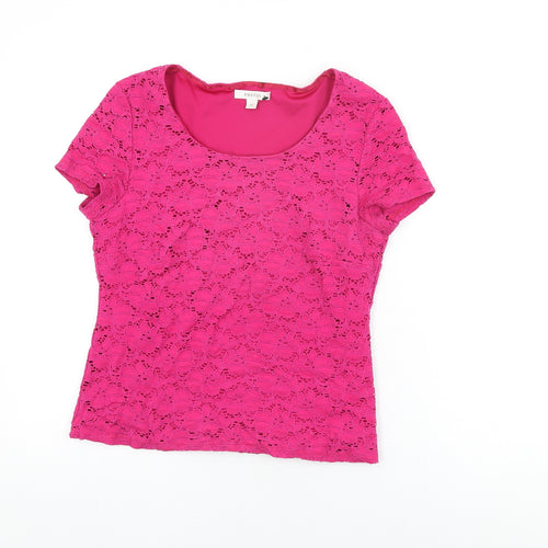 Precis Womens Pink Floral Nylon Basic T-Shirt Size M Round Neck