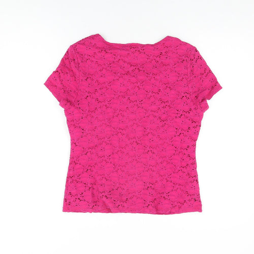 Precis Womens Pink Floral Nylon Basic T-Shirt Size M Round Neck