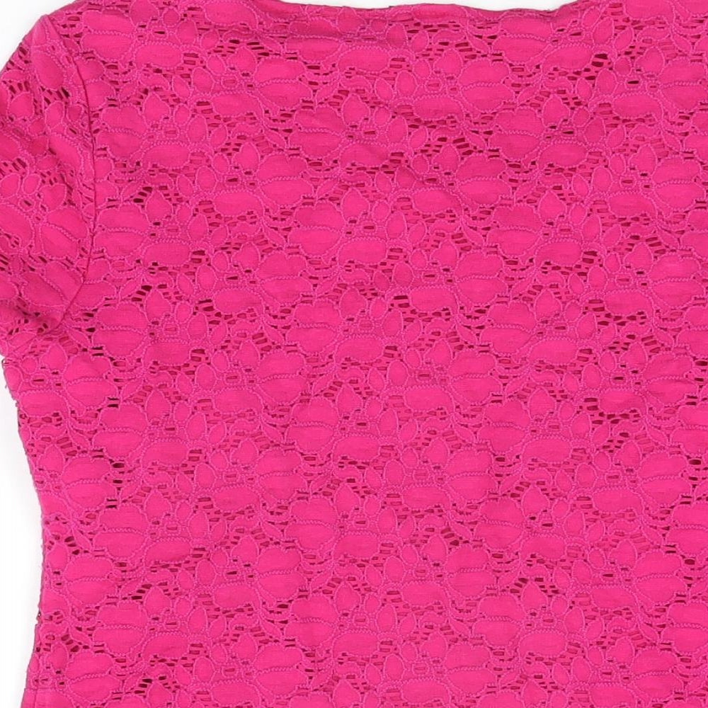 Precis Womens Pink Floral Nylon Basic T-Shirt Size M Round Neck