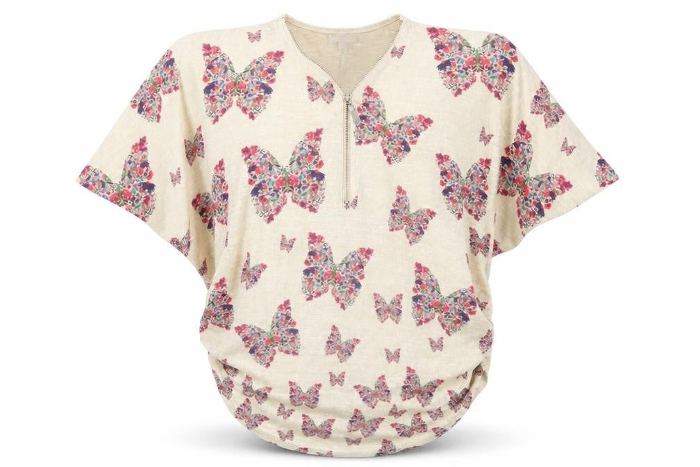 Front view of Apricot women’s beige geometric polyester basic t-shirt, size S, v-neck -, size S/m