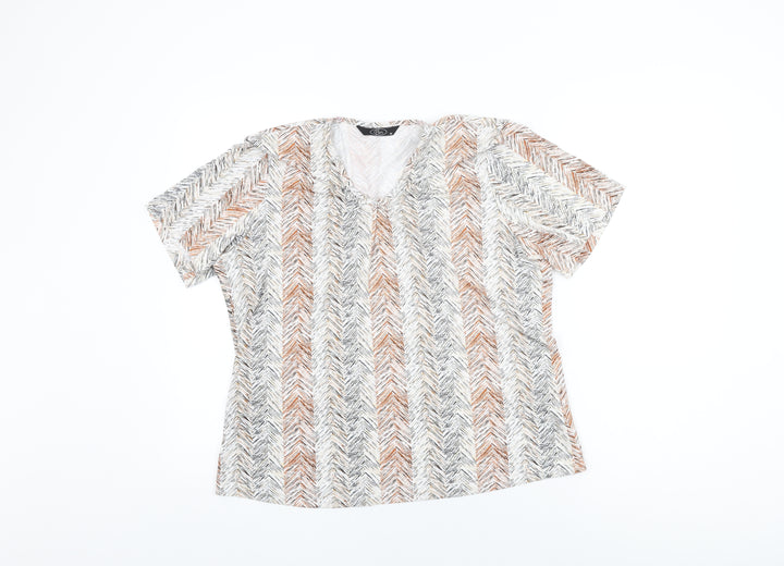 BM Womens White Geometric Polyester Basic T-Shirt Size M V-Neck
