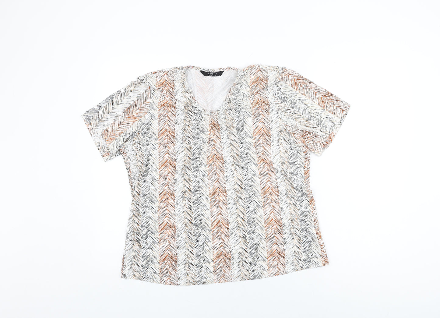 BM Womens White Geometric Polyester Basic T-Shirt Size M V-Neck