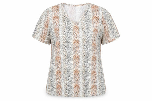 Front view of Bonmarché women’s white geometric polyester basic t-shirt, size M, v-neck