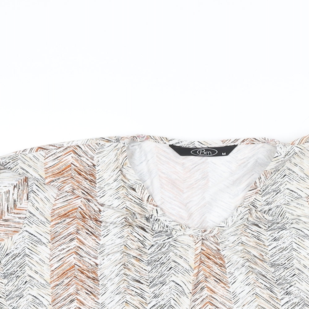 BM Womens White Geometric Polyester Basic T-Shirt Size M V-Neck