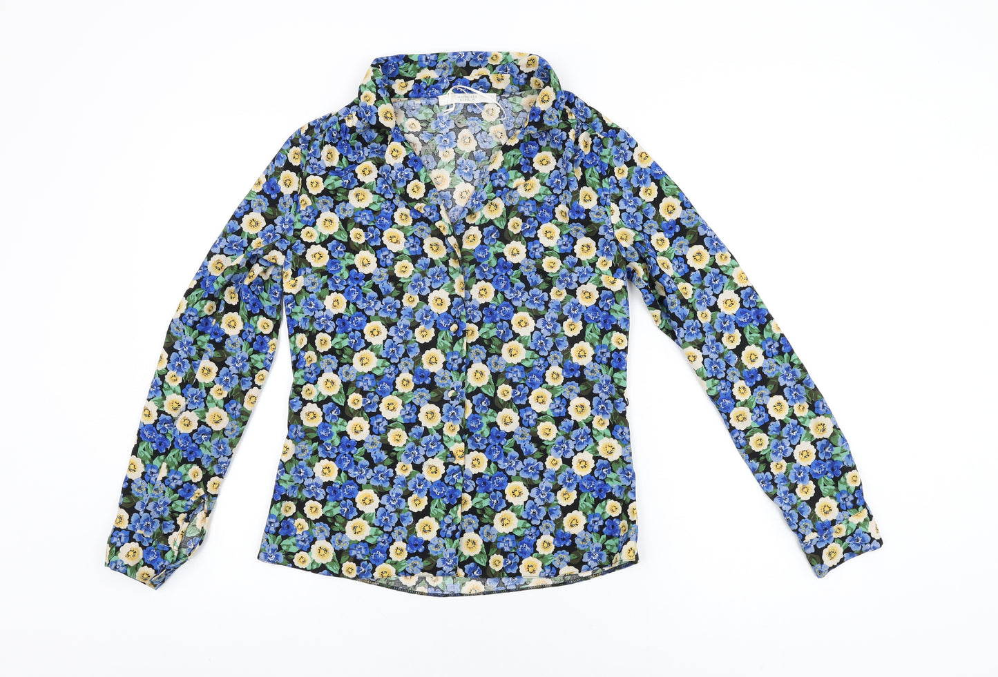Michelle Keegan Womens Black Floral Polyester Basic Button-Up Size 8 Collared