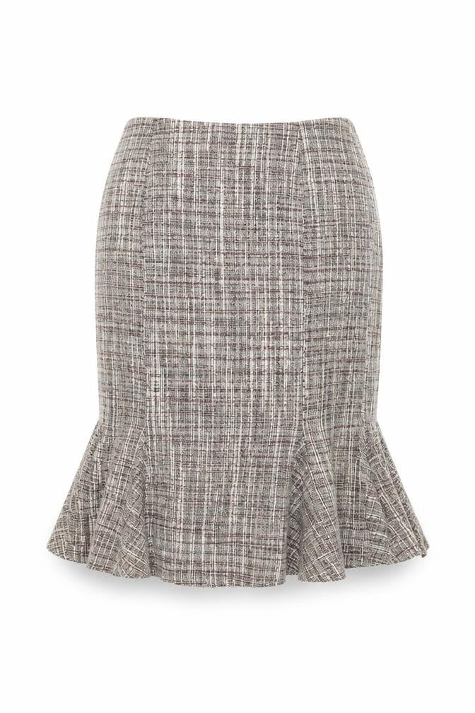 Front view of Next women’s beige acrylic flare skirt, size UK 8, zip