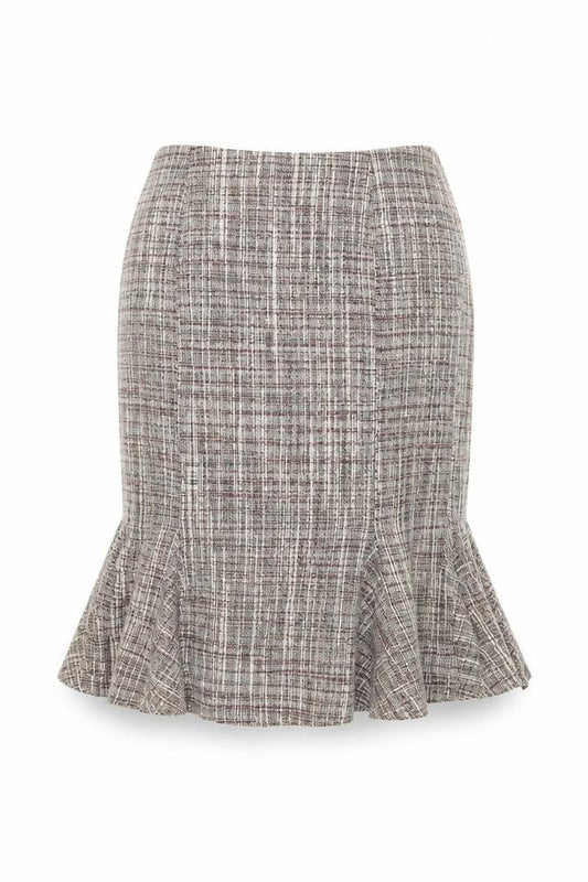 Front view of Next women’s beige acrylic flare skirt, size UK 8, zip