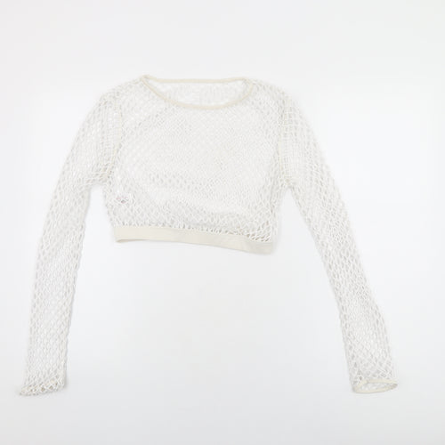New Look Womens White Polyester Cropped T-Shirt Size 12 Round Neck