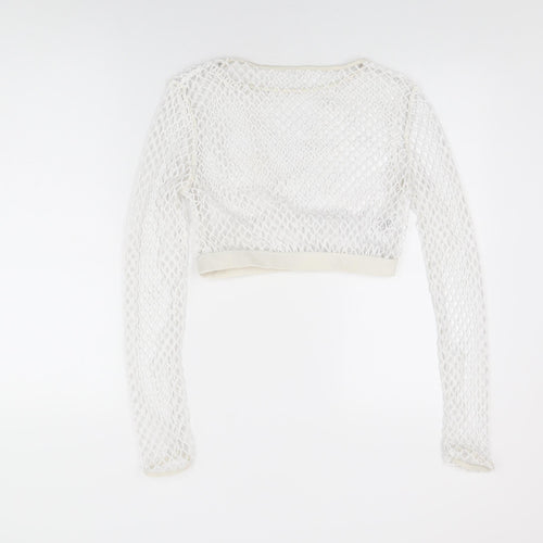 New Look Womens White Polyester Cropped T-Shirt Size 12 Round Neck
