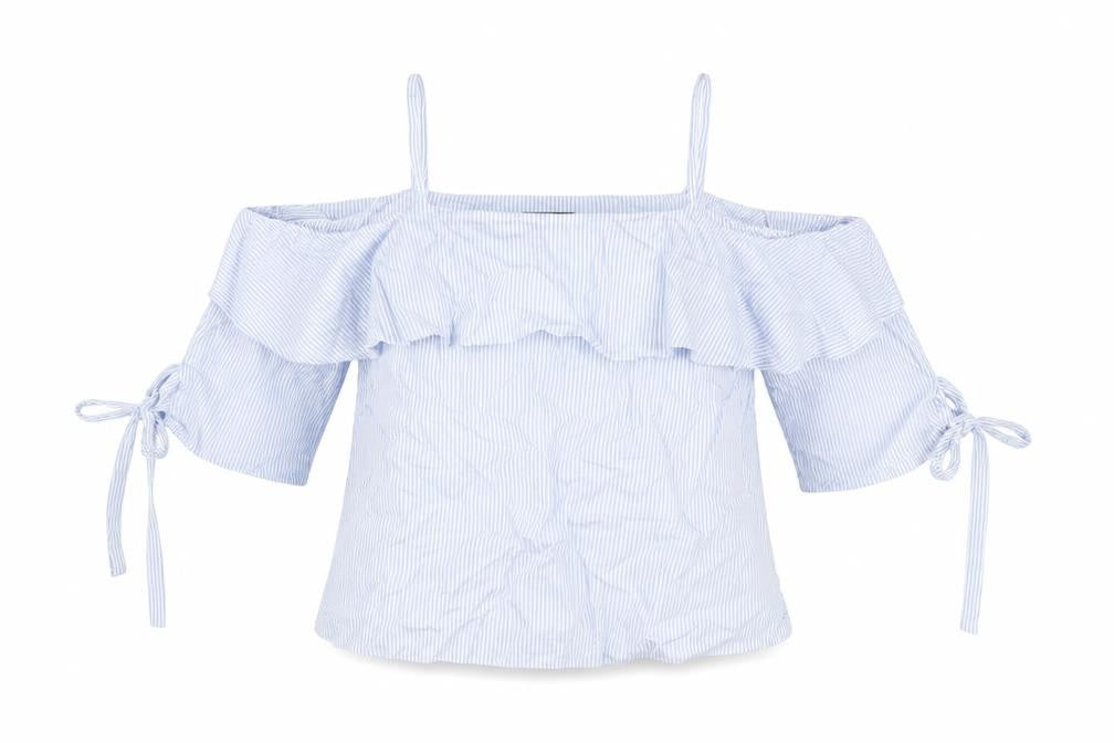 Front view of Topshop women’s blue striped cotton basic t-shirt, size UK 8, off the shoulder