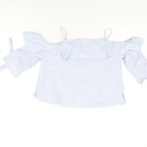 Topshop Womens Blue Striped Cotton Basic T-Shirt Size 8 Off the Shoulder