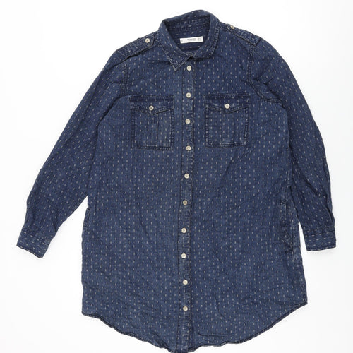 Mango Womens Blue Geometric Cotton Shift Size S Collared Snap