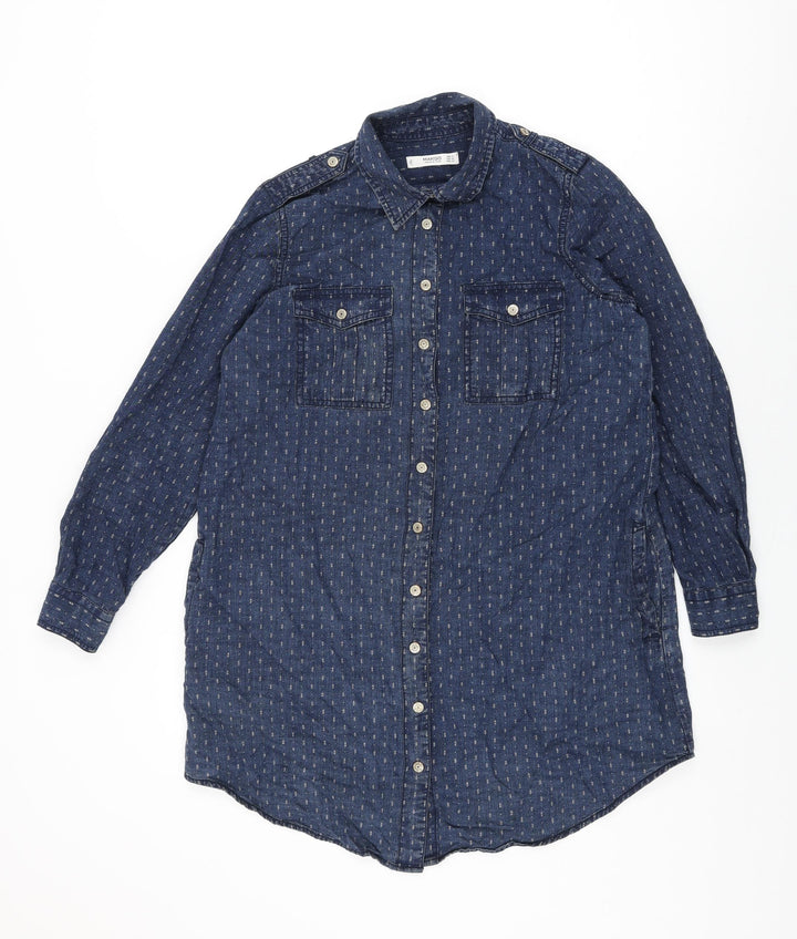 Mango Womens Blue Geometric Cotton Shift Size S Collared Snap