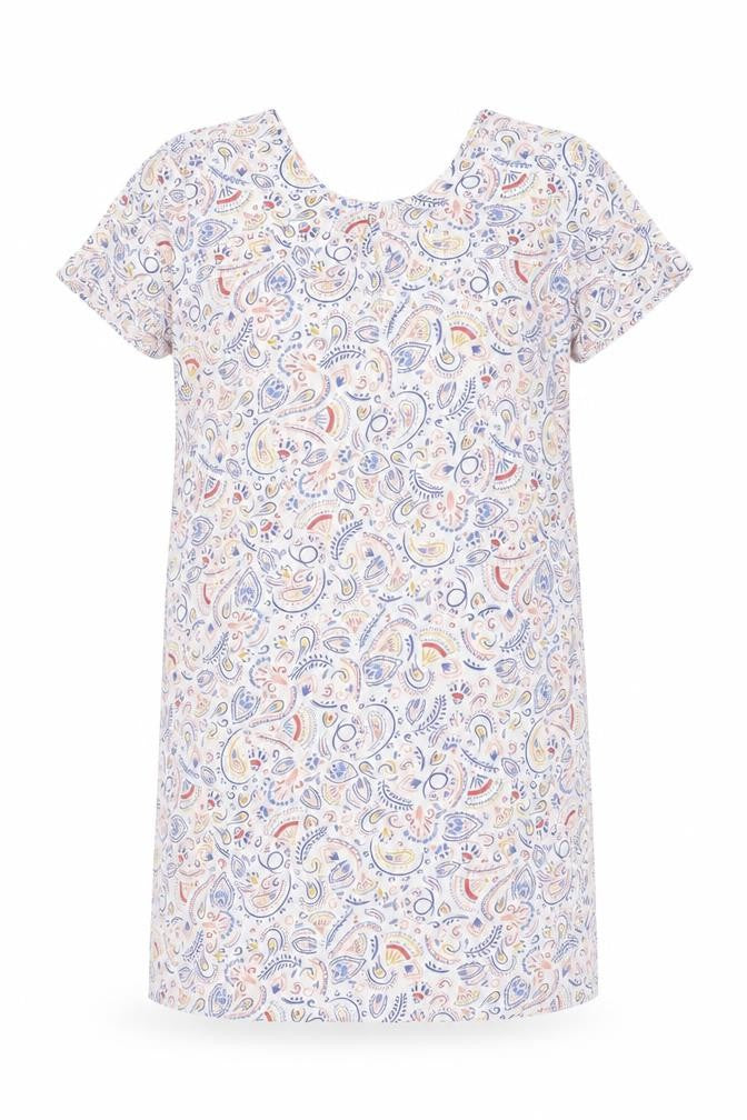 Front view of Damart women’s white geometric cotton shift, size L, round neck pullover