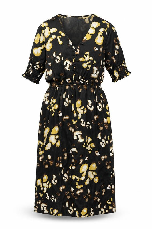 Front view of Influence women’s black geometric polyester a-line, size UK 8, v-neck button