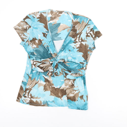M&Co Womens Blue Floral Polyester Basic T-Shirt Size 14 V-Neck