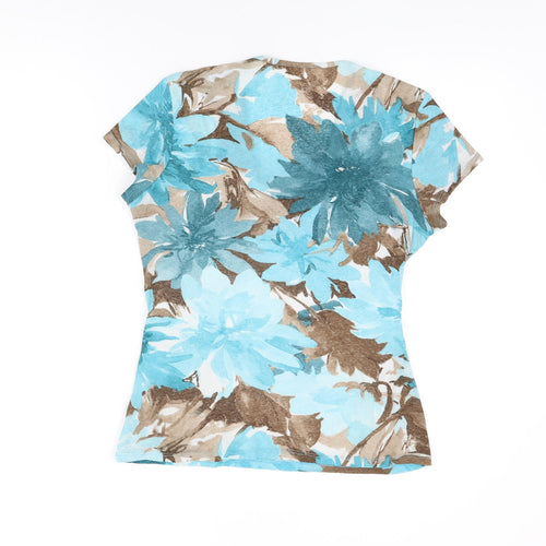 M&Co Womens Blue Floral Polyester Basic T-Shirt Size 14 V-Neck