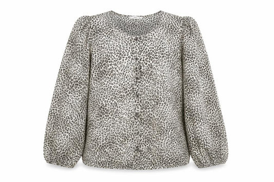 Front view of Mango women’s beige animal print polyester basic button-up, size M, round neck