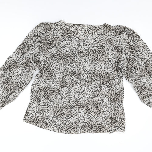 Mango Womens Beige Animal Print Polyester Basic Button-Up Size M Round Neck