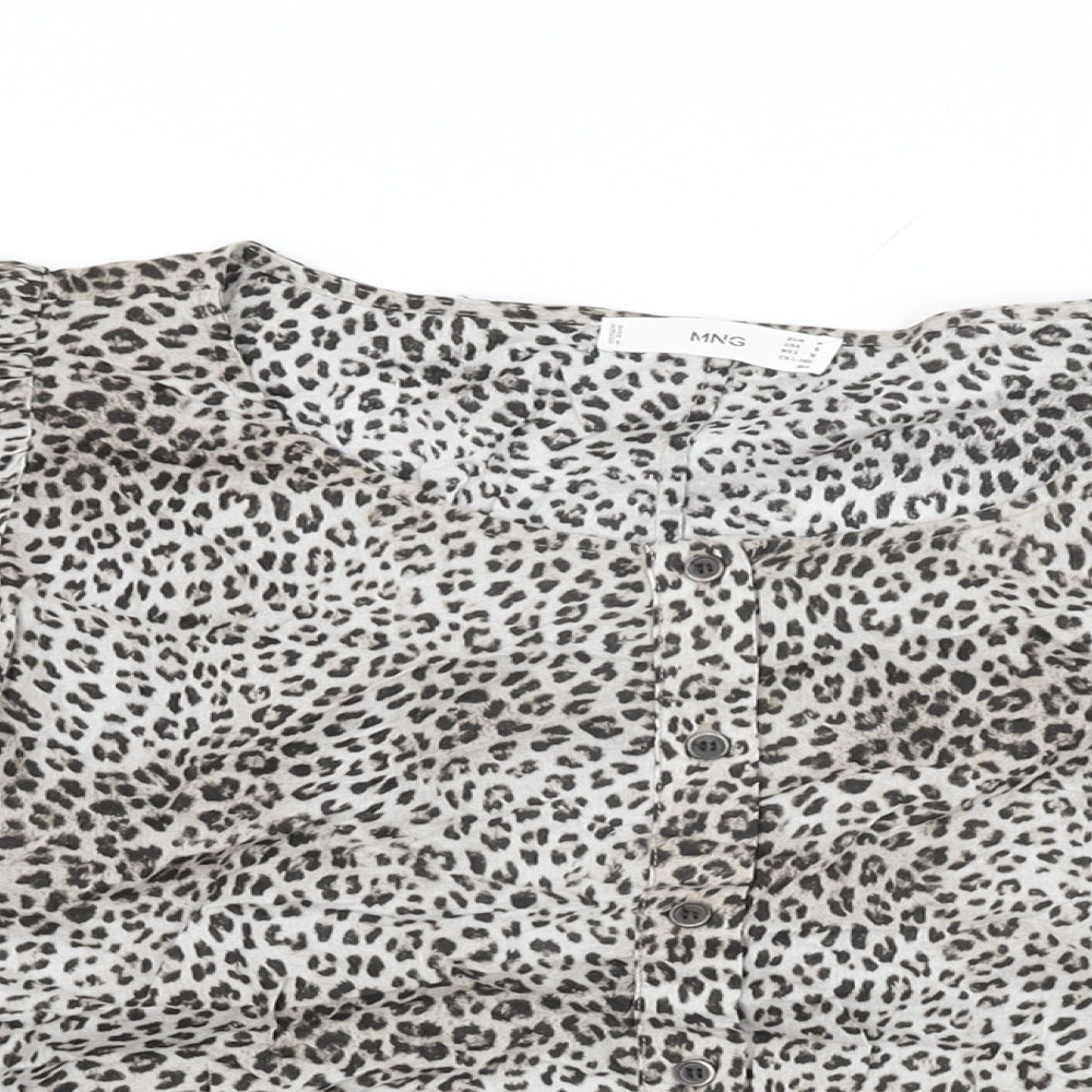 Mango Womens Beige Animal Print Polyester Basic Button-Up Size M Round Neck