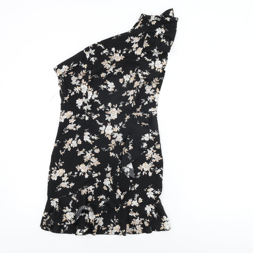 Boohoo Womens Black Floral Polyester Mini Size 6 One Shoulder Zip