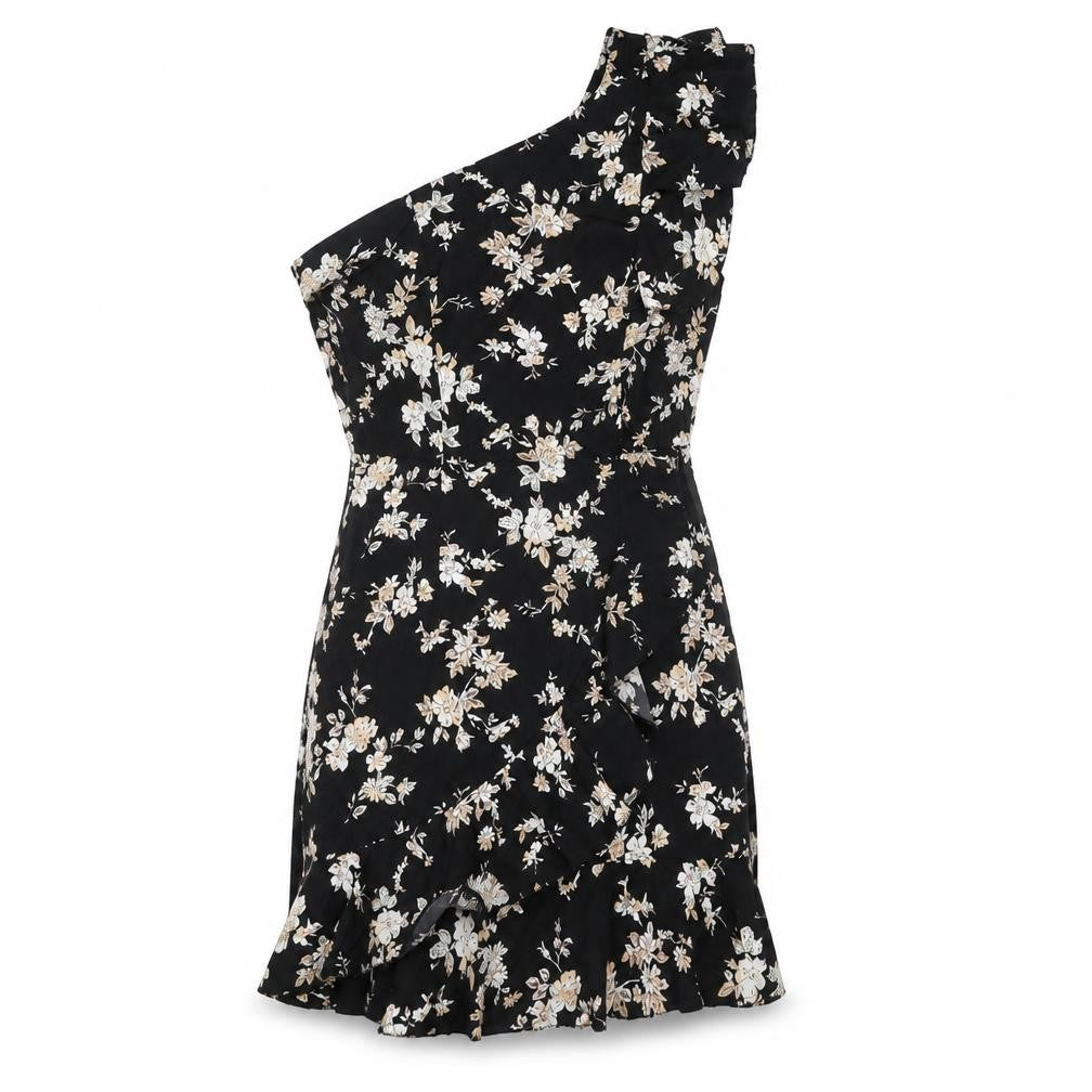 Front view of Boohoo women’s black floral polyester mini, size UK 6, one shoulder zip
